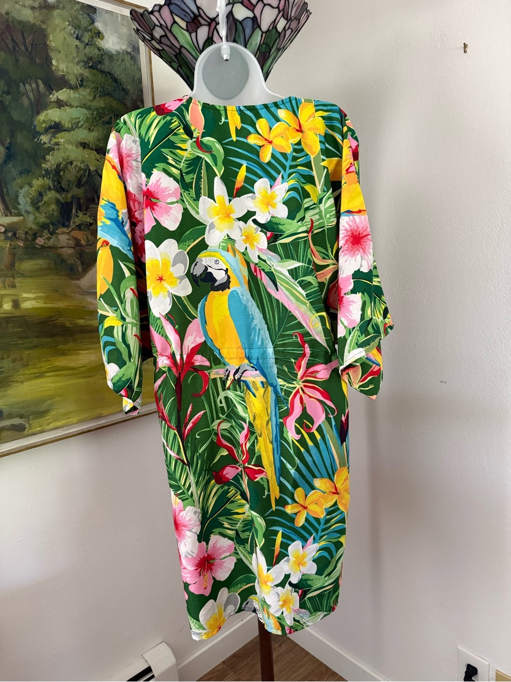 Tropical Floral Tie-Front Kimono Cover-Up Featuring a Macaw - Picture 2 of 3